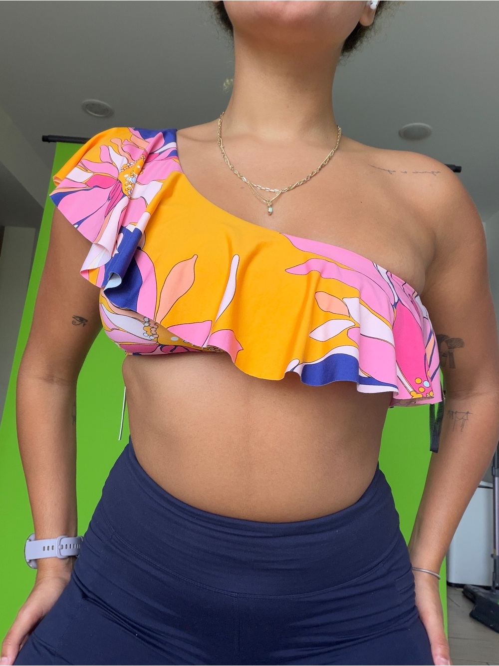 Trina Turk One-Shoulder Floral Swim Top - Pink & Orange